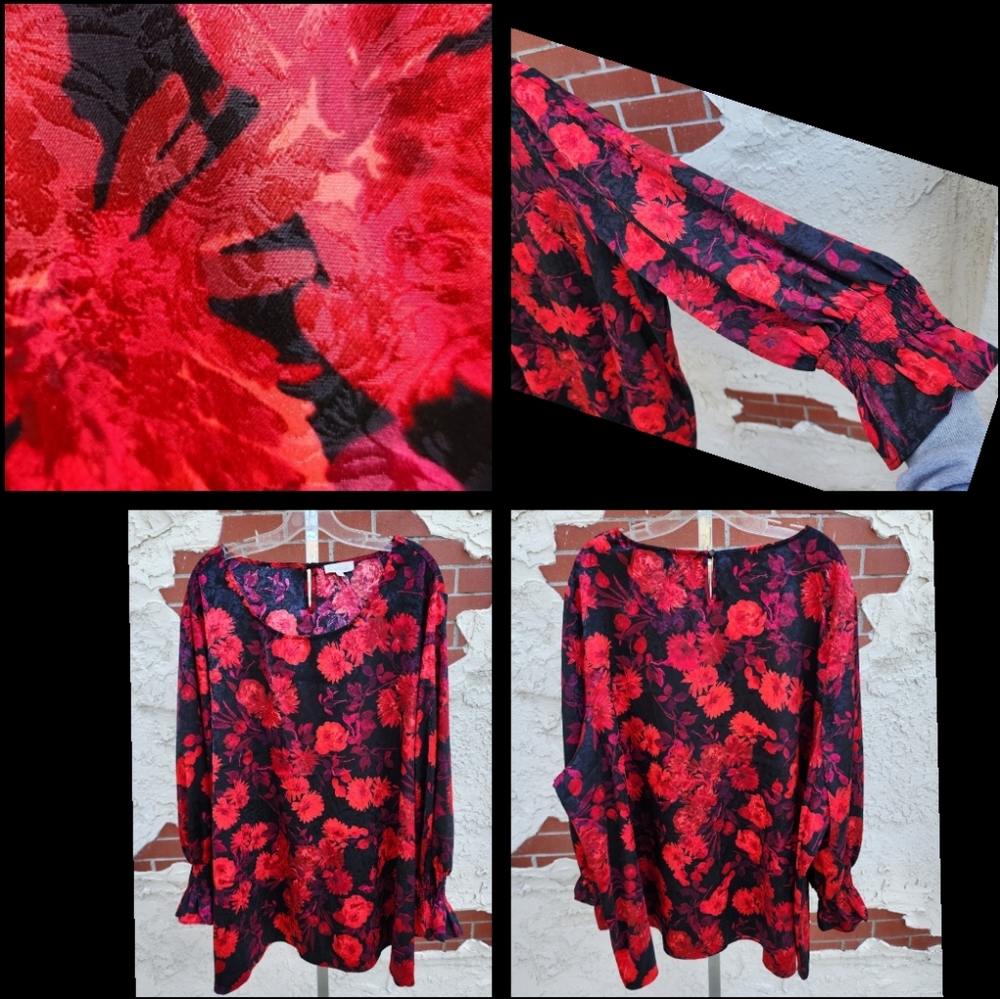 30/32 women CHENAULT Nordstrom Rack black floral long sleeve blouse 30W 32W